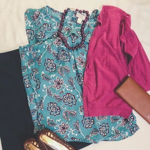 Turquoise Floral Patterned LOFT Sleeveless Blouse